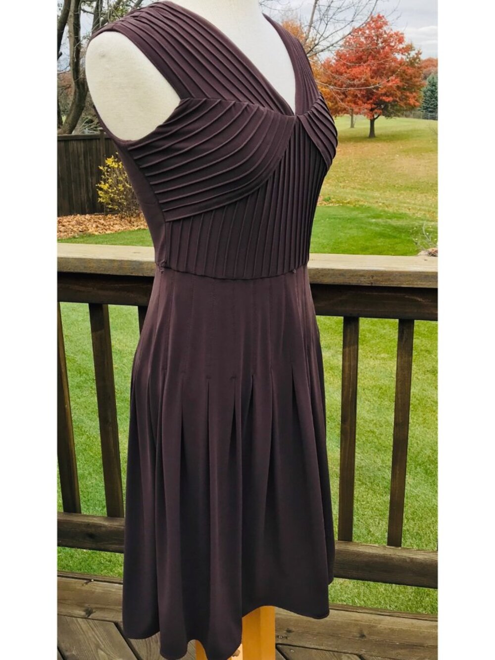 ADRIANNA PAPELL Pintuck Jersey Cap Sleeve Fit N Flare Dress 8 Brown Belt NWT - Picture 7 of 15